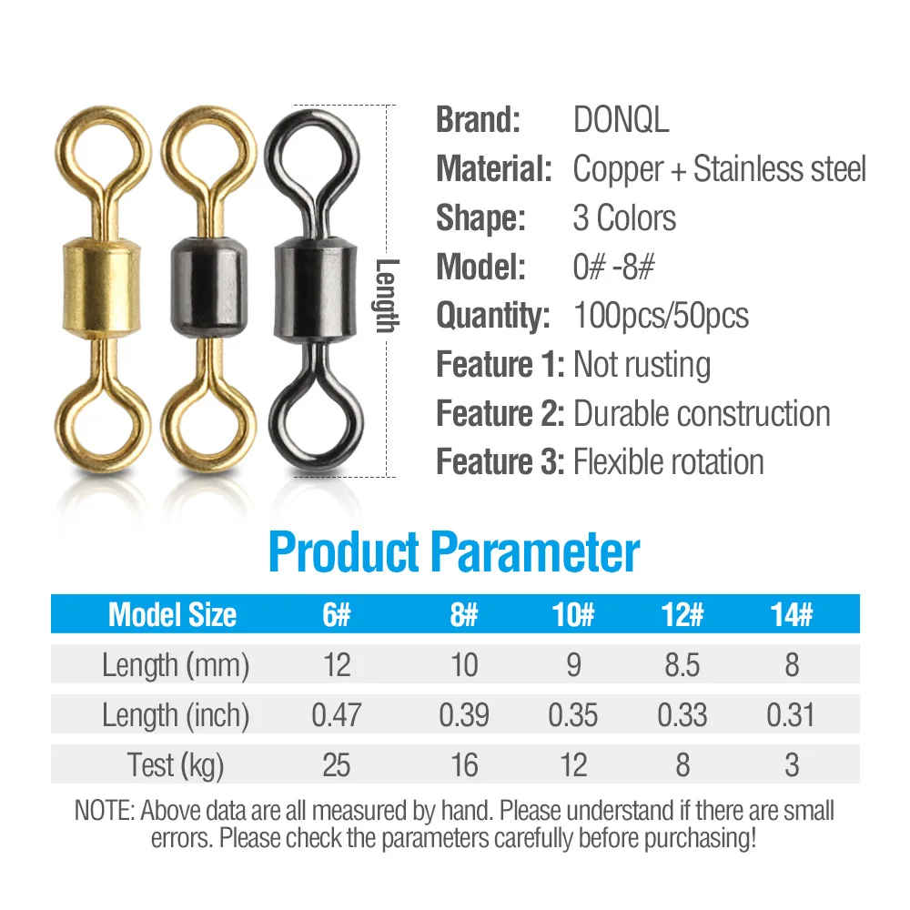 DONQL 50/100 шт/let шарикоподшипник поворотный Рыболовный крючок соединитель из нержавеющей стали прокатки твердое кольцо соединитель для приманки для рыбалки снасти
