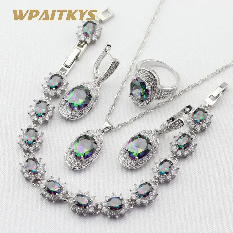 

Women Silver Color Jewelry Sets Oval Rainbow Multicolor Necklace Pendant Earrings Ring Bracelet Free Gift Box WPAITKYS