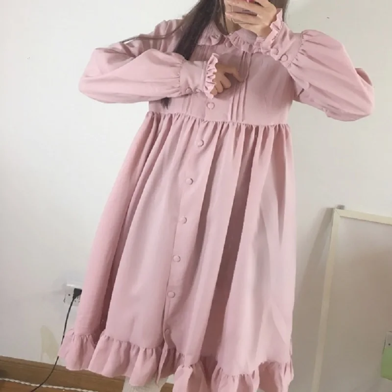 Japan Style Mori Girl Autumn Winter Women Kawaii Dress Peter Pan Collar Solid Casual Loose Vestidos Elegant Sweet Ruffles Dress Dresses