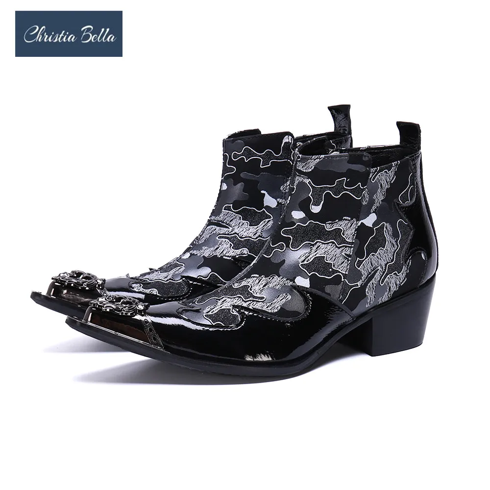 

Christia Bella Designer Party Men Real Leather Boots Formal Shoes Camouflage Pointed Toe Ankle Boots Male Motorcycle Boots