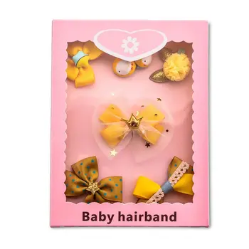 

Yellow 1 set of 6pcs fabric cartoon Princess bow chick Kitty of hairpin fabric card holder Kit birthday gift tiara gift box