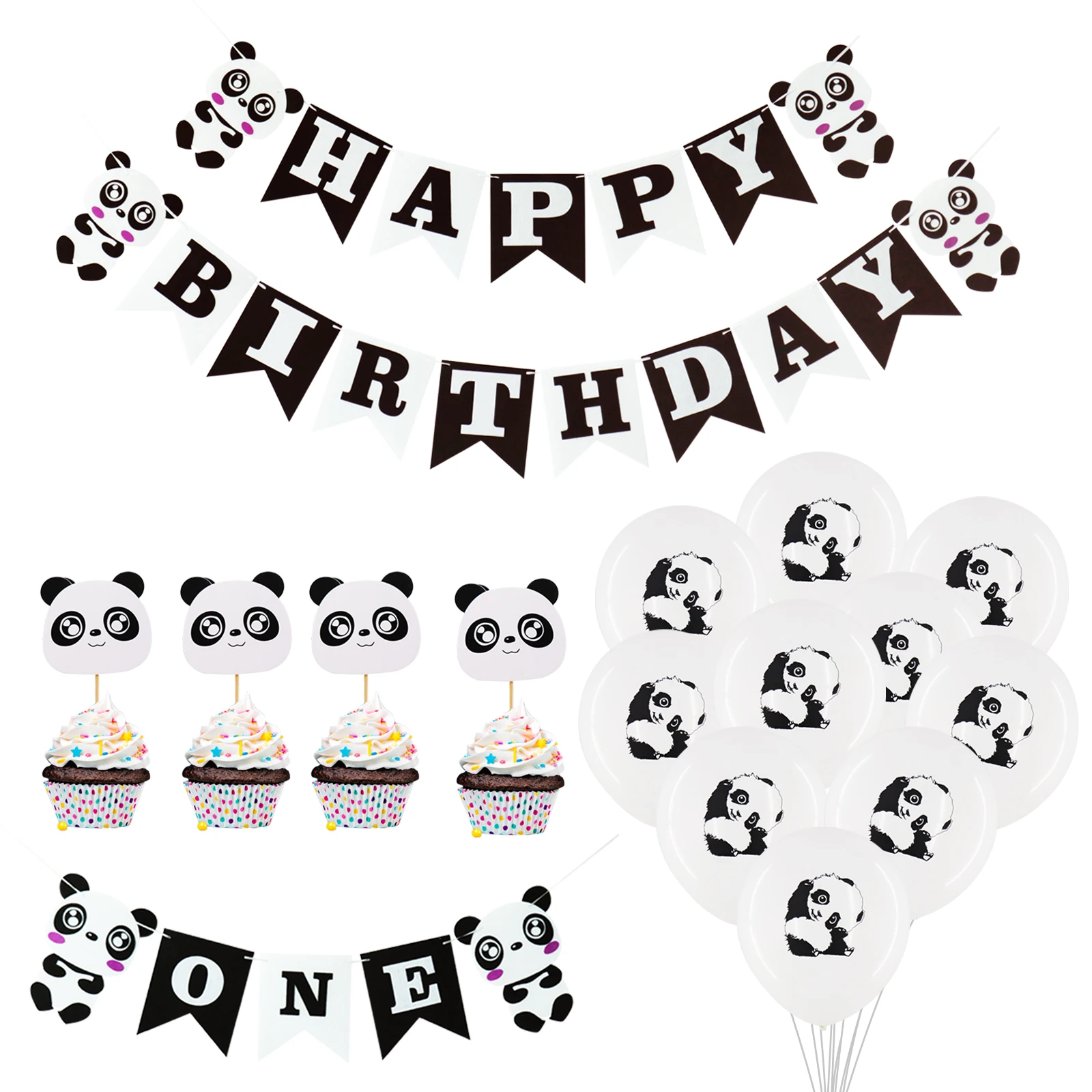 1set Panda Happy Birthday Banner Panda Aluminum Foil Balloon Cute ...