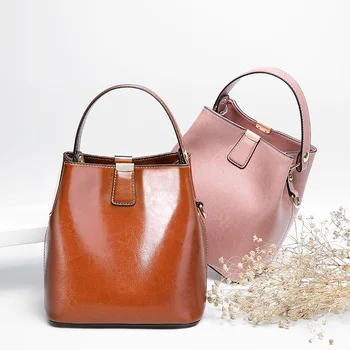 

Women Shoulder Handbag Leather Bucket Bag Genuine Leather Vintage Handbag Totes Ladies Hand Bags Girls Messenger Bag Cross Body