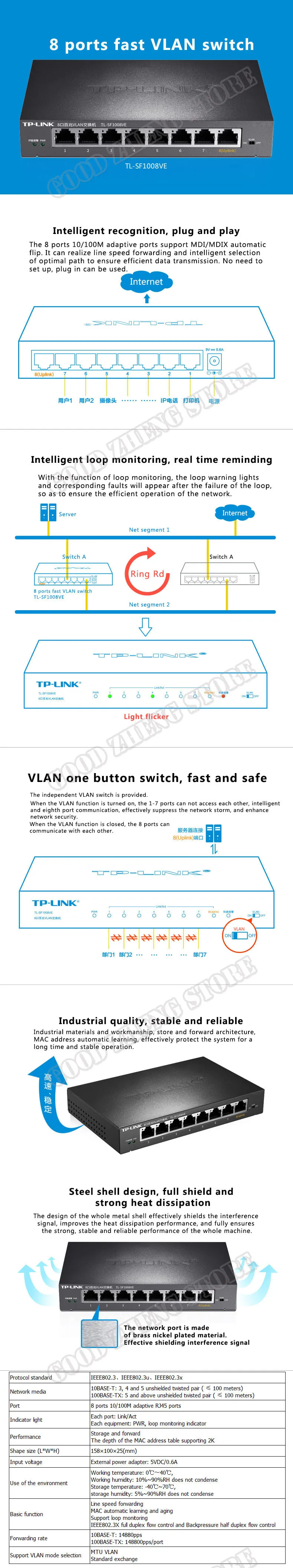 TP-Link TL-SF1008VE 8 Порты и разъёмы быстродействующий коммутатор 10/100 Мбит/с металлической переключатель виртуальной локальной компьютерной сети