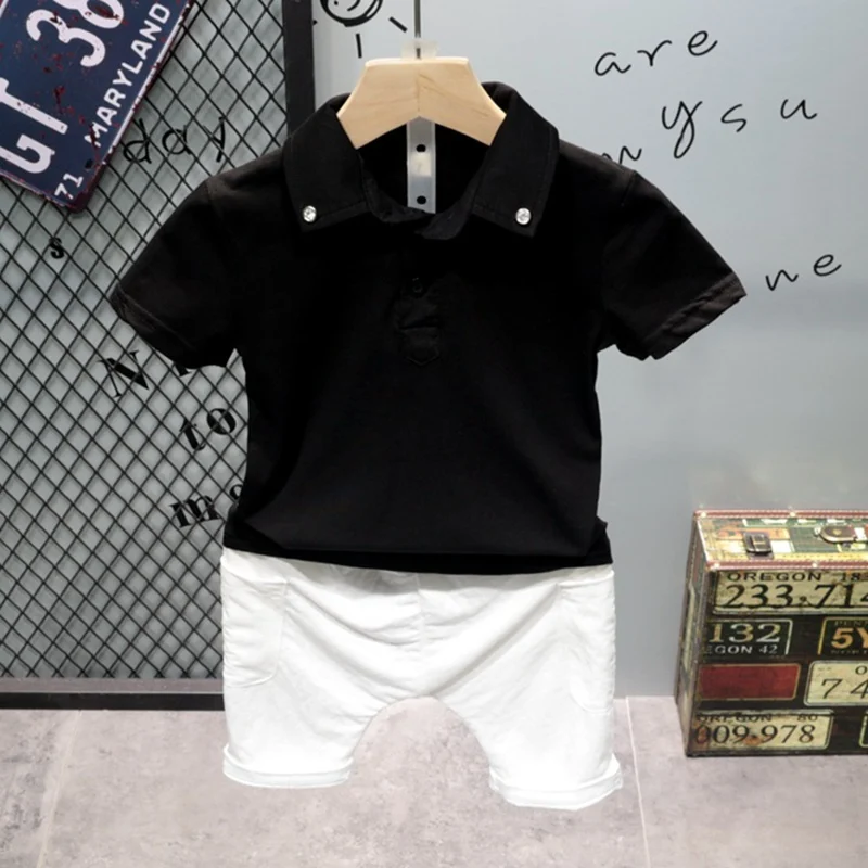 

2019 Summer 2-7 year Children kid's boy casual Solid color cotton short sleeve t-shirt + casual shorts 2 pcs Clothes Set C2962