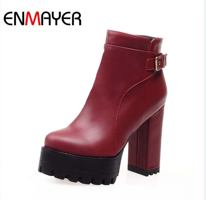 

ENMAYER new arrival women shoes high heels boots round toe mid-calf women boots hot Casual Fashion Buckle Autumn boots sale
