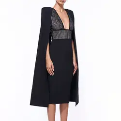 Бандажное платье черные модные плащ рукава Sexy v-образным вырезом Бисер знаменитости весна Платья для вечеринок