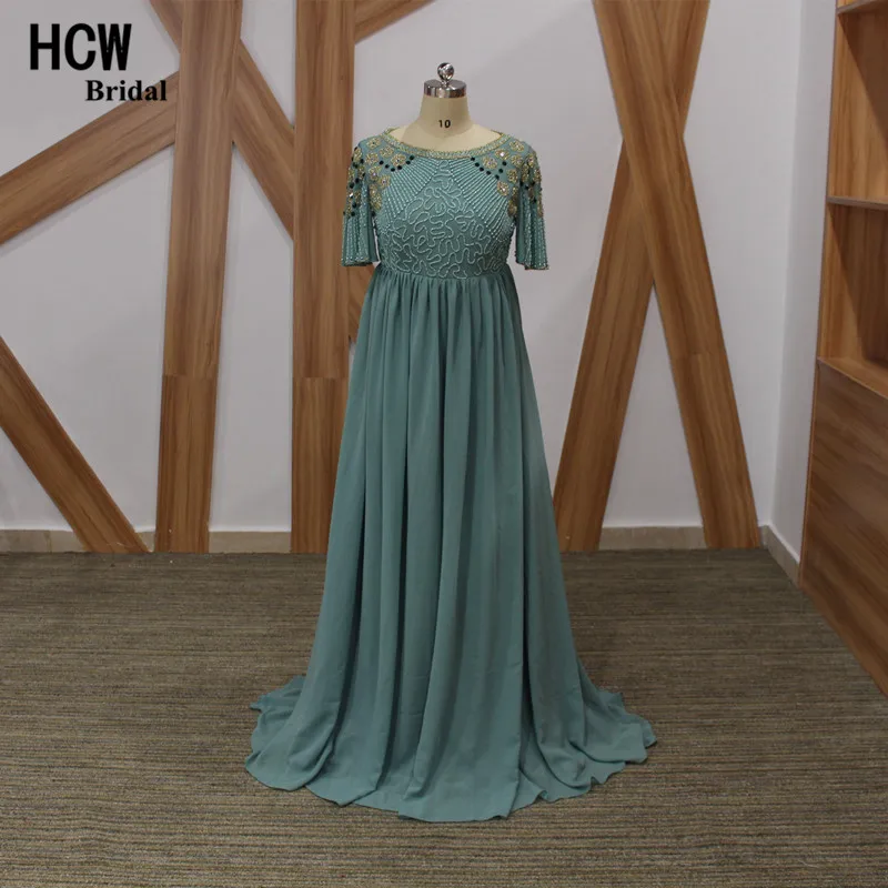 

Luxury Beaded Short Sleeve Evening Dress High Waist A Line Pregnant Women Occasion Gowns 2019 New Long Arabic Evening Dresses