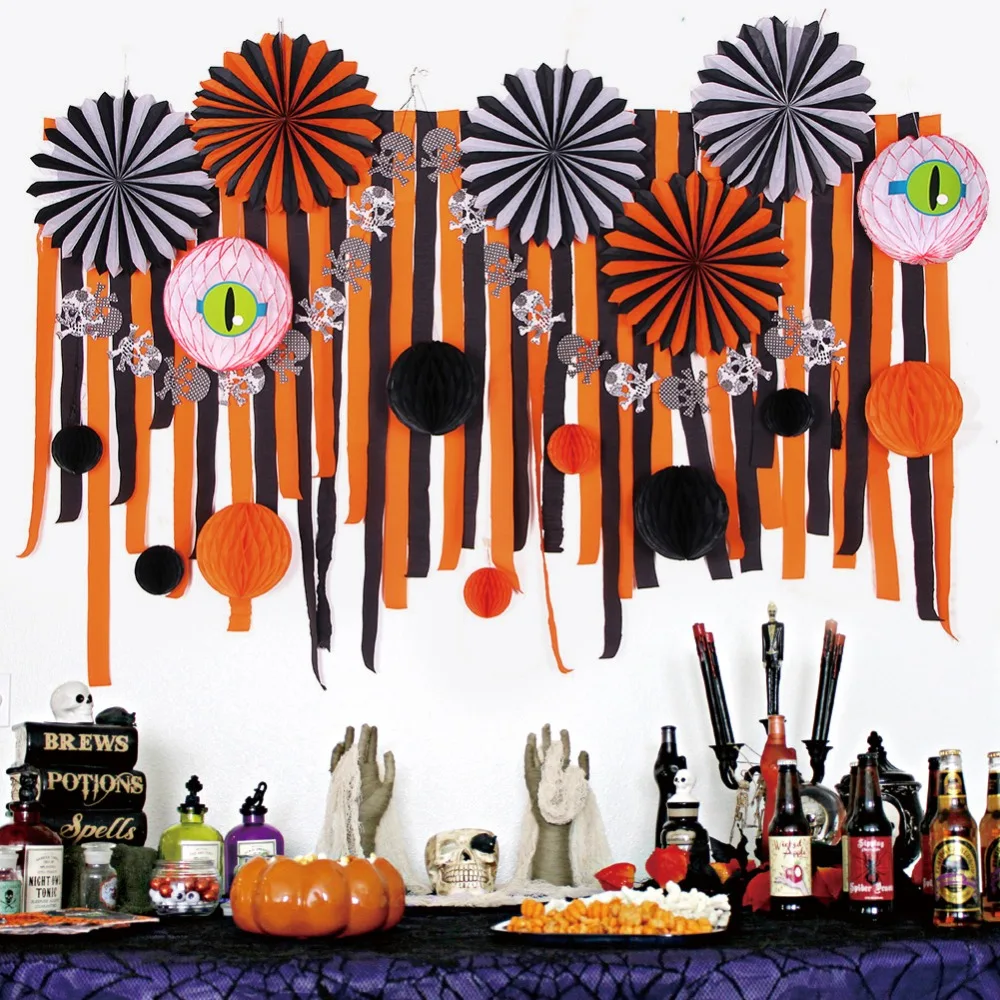 

Eerie Halloween Decoration Kit Assorted Paper Pinwheels Crepe Paper Streamers Backdrop Spooky Honeycomb Eyballs Balls Banner