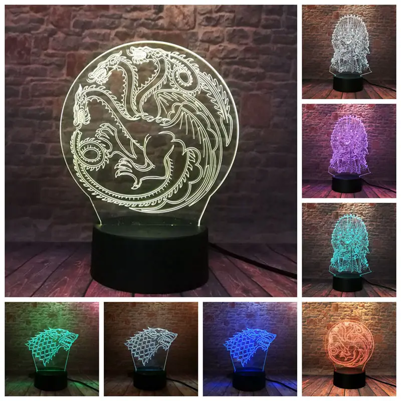 

Song Of Ice And Fire Figure 3D Illusion LED 7 Colors Change Nightlight Game of Thrones Tree Dragon House Targaryen Model Toys