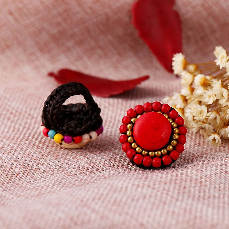 Кольца на палец с этническим камнем в богемном стиле, 4 цвета, регулируемые кольца ручной работы из натурального камня для женщин, модные ювелирные изделия - Цвет основного камня: Red as photo