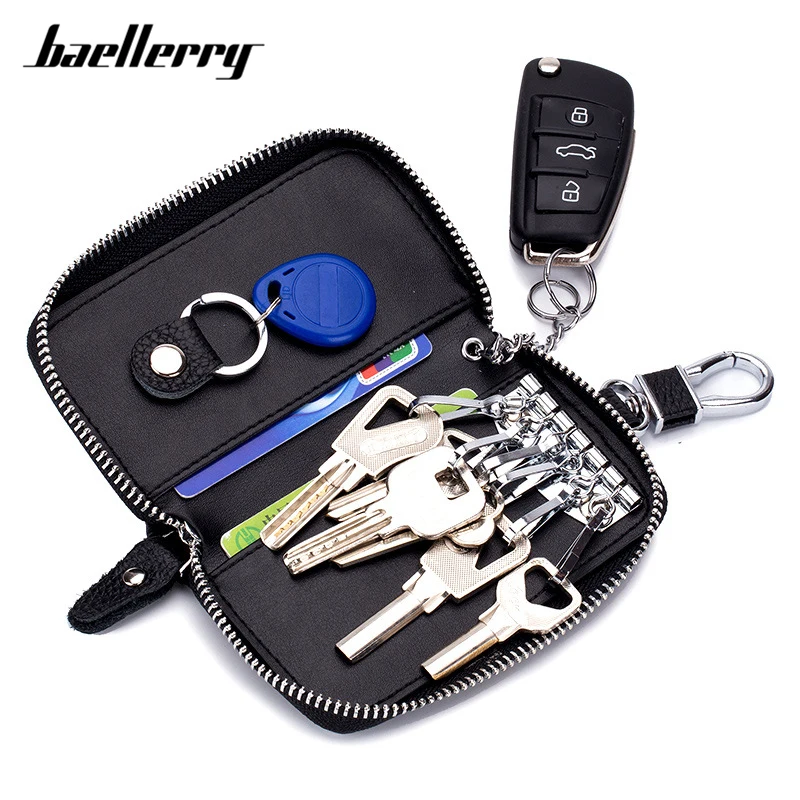 

Brand Cow Genuine Leather Men Key Holder Wallet Black Key Chain Zipper Male Car Keys Cover Organizer Case Man Key Bag