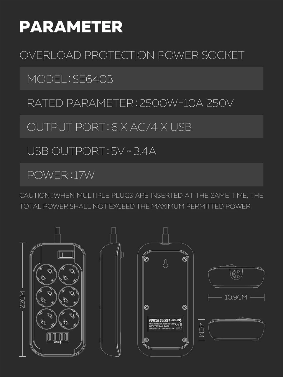 Удлинитель с USB, 6 розеток переменного тока, 4 порта usb, защита от перегрузки, Сетевой удлинитель-2 м