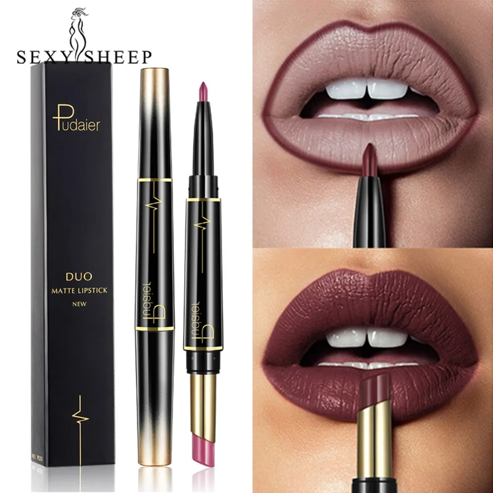 

Matte Lipstick Wateproof Double Ended Long Lasting Lipsticks Non-stick Cup Lip Makeup Cosmetics Nude Dark Red Lips Liner Pencil