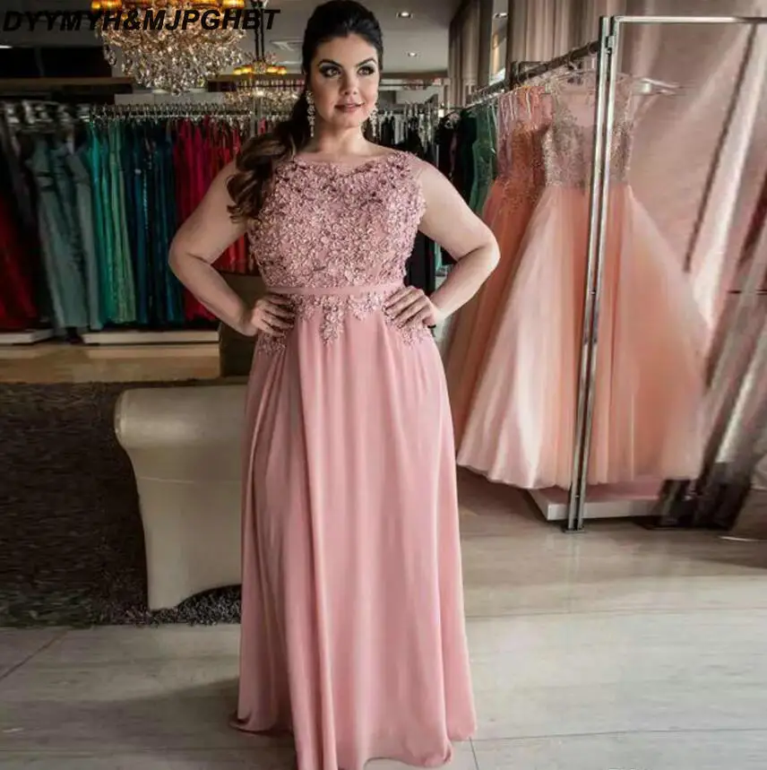Blush Pink A Line Floor Length Mother of the Bridal Dresses Scoop Neck Appliques Beads Wedding Guest Dress Plus Size Mothers Clothes_