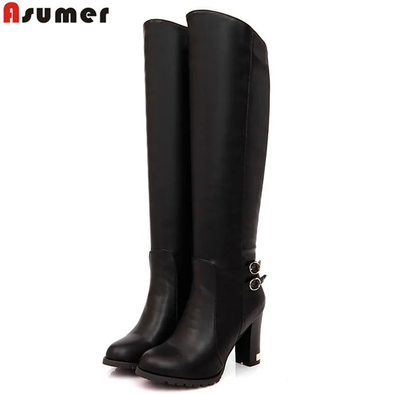 

women knee High boots thick high heels snow winter boots ladies soft pu leather women motorcycle boots