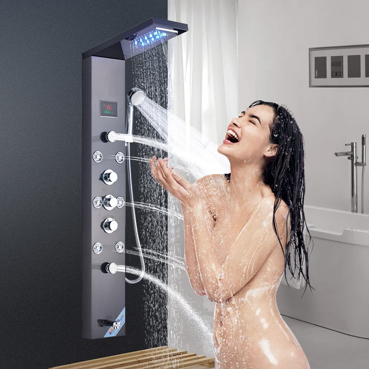 

LED 6 Functions Nickel Brushed Waterfall Shower Panel Wall Mounted Bathroom Shower Faucet Shower Panel Column With Hand Sprayer