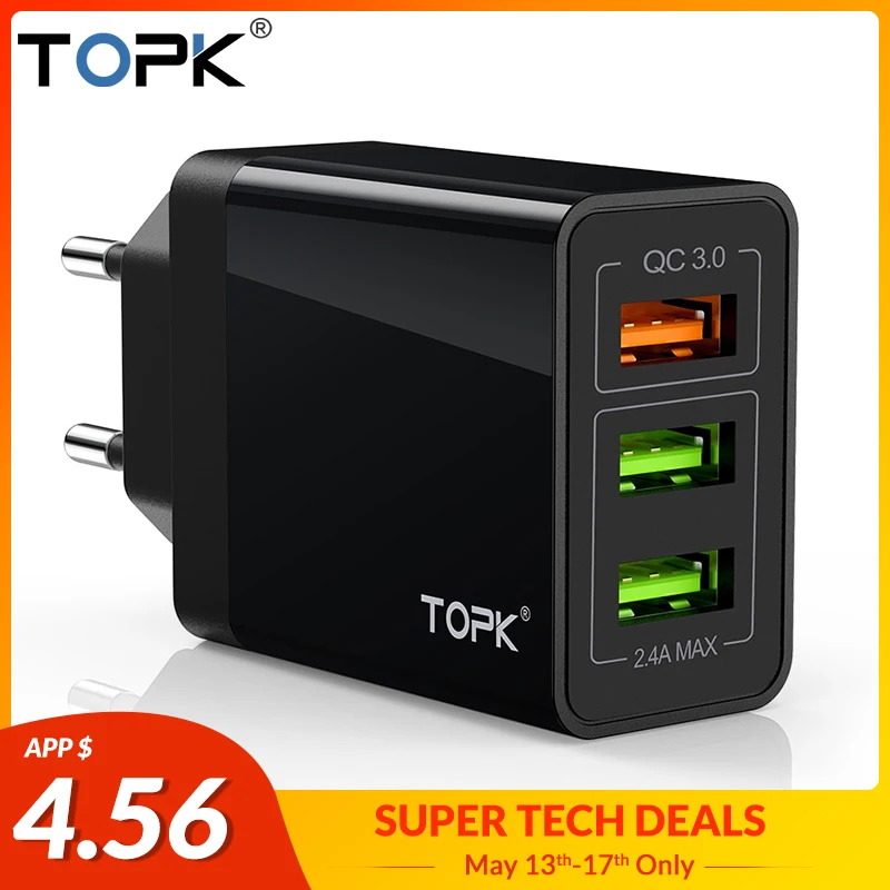

TOPK B348Q Quick Charge 3.0 USB Charger QC3.0 Fast Charging Multi Charger for Samsung S10 Xiaomi Mi9 Travel Wall Phone Charger