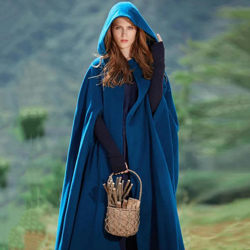 

High Quality Winter Maxi Hooded Wool Coat Medieval Vintage Cashmere Shawl Loose Long Hooded Cloak Cape Long Wool Jacket