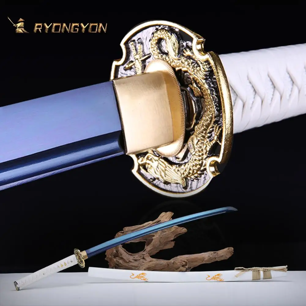 

RYONGYON Handmade Katana Real Sword Sharp Genuine Japanese Samurai Sword Japan Ninja Sword T10 steel Full Tang Blue Blade 523