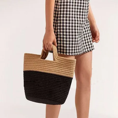 Tecido de Malha Bolsa de Ombro Bolsa Feminina Verão Praia Artesanal Rattan Rebites Grande Capacidade Totes Bohemia Palha Nova