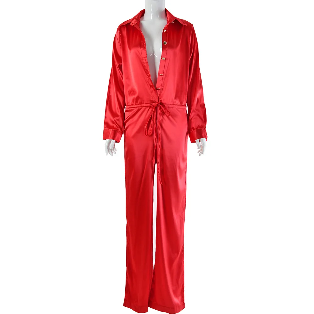 

2019 spring and summer new silk satin button deep V season girdle jumpsuit spring and summer women's clothing