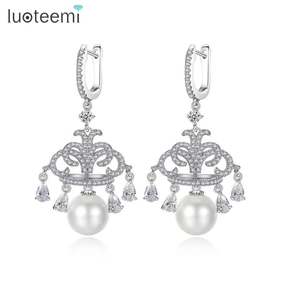 

LUOTEEMI New Delicate Drop Earrings Inly Tiny Shining Clear CZ with Single Imitation Pearl Ear Hook for Women Party Wedding