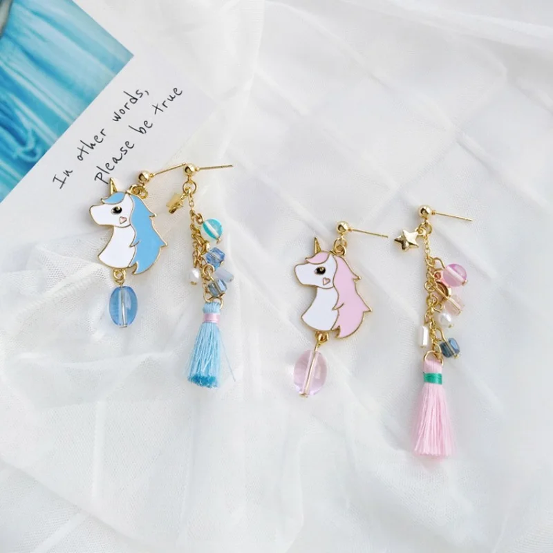 

XEDZ Personality Unicorn Crystal Particles Asymmetric Long Earrings Wild Pearl Fashion Fringe Women's Ear Clip Jewelry Gifts