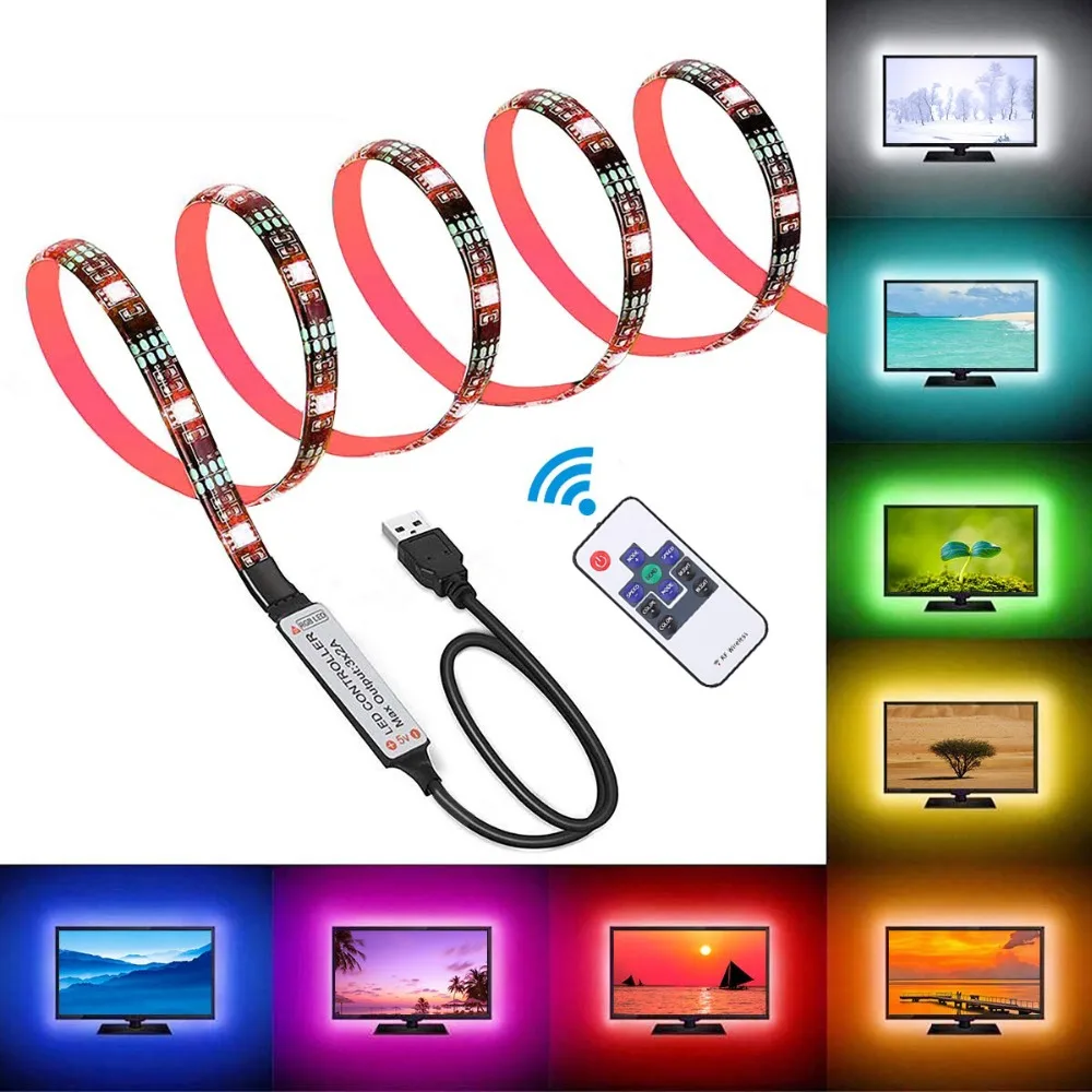 USB Светодиодная лента DC5V с регулируемой яркостью, водонепроницаемый RGB 5V SMD 5050, 10 кнопок, Радиочастотный пульт дистанционного управления, ТВ-фон, красочный светильник для компьютера