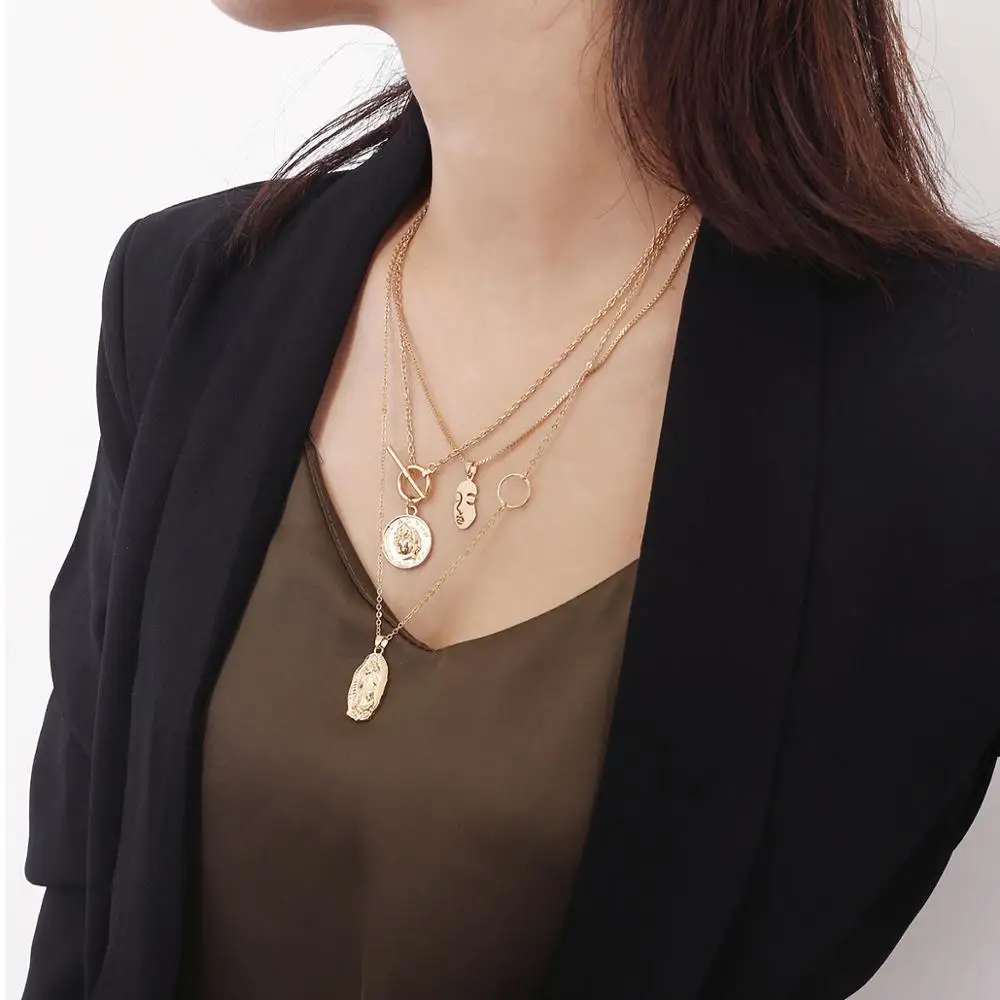 

AOMU Simple Boho Multi Layer Chain Pendant Choker Necklace Portrait Coin Vintage Face Fashion For Women Statement Jewelry