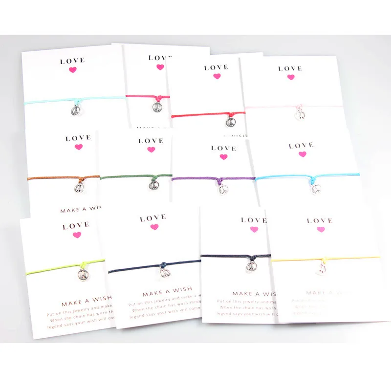 

12 Colors Designs Peace Sign Charm Brecelets Alloy Round Peace Love Dangle Wish Card Bracelets Wax Rope Jewelry for Friends