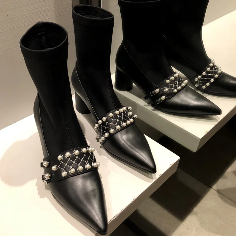 

New Real Leather Pearl Boots Lycra Stocks Ankle Boots Women Pointed-toe Retro Boots Female High Heels Sock Boots Damen Stiefel