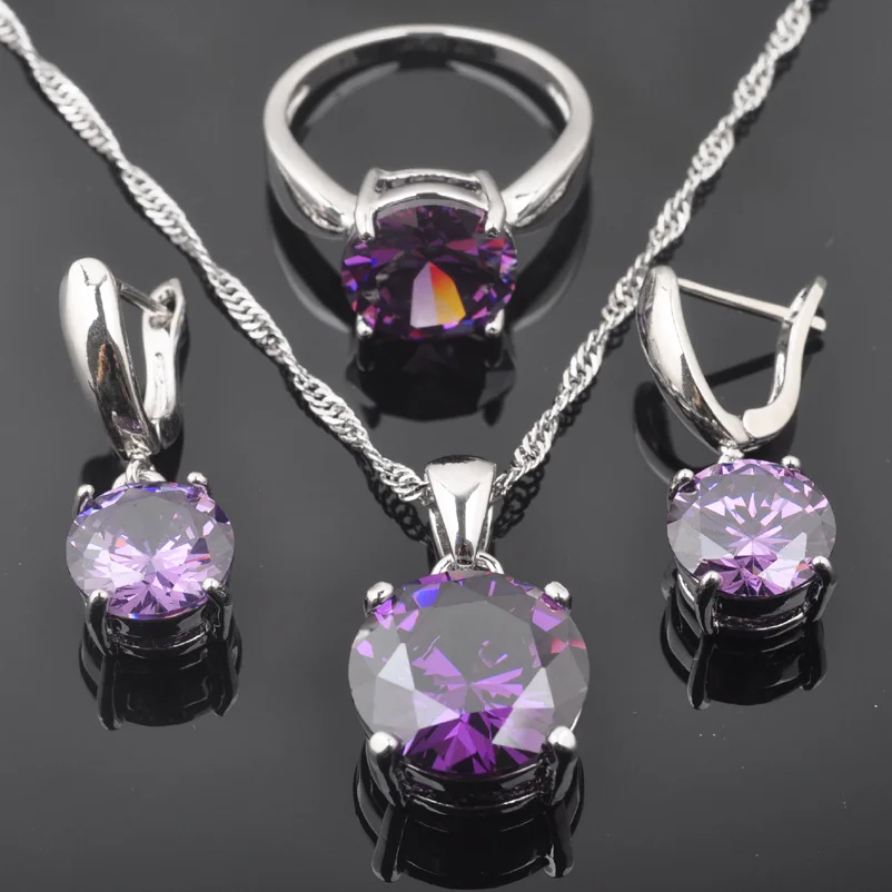 

FAHOYO Round Purple Zircon Women's 925 Sterling Silver Jewelry Sets Earrings/Pendant/Necklace/Rings Free Shipping QZ0223