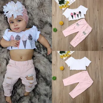 

Toddler Kids Baby Girl Clothes Sets Summer Ice Cream Crop Tops T-shirt+ Denim Ripped Long Pants 2Pieces Set Children Clothing