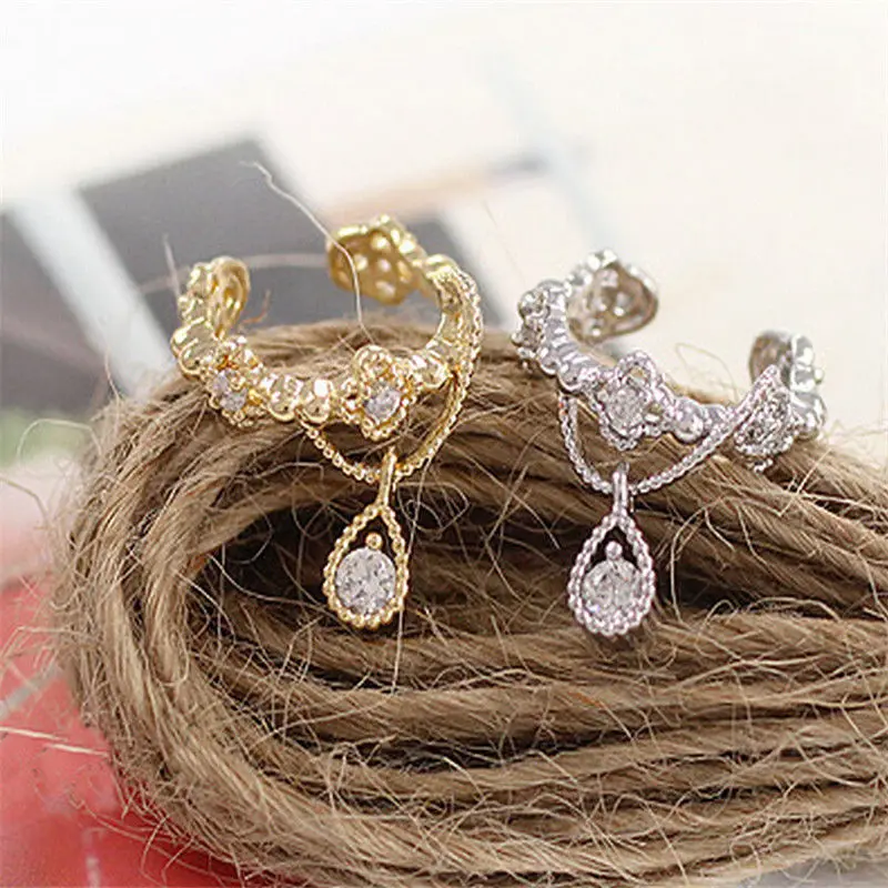 1pc Elegant Women Crystal Rhinestone Water Drop Pendant Ear Cuff Wrap Clip Cartilage Earrings Silver Gold Faux Piercing Jewelry