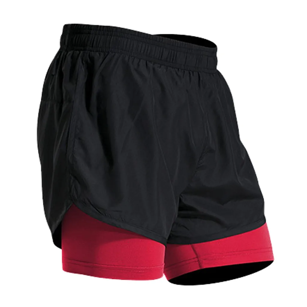 Mens Fitness Fake Two Pieces Bodybuilding Skin Tight-drying Short Sports Pants Training Man Quick Drying Compression Shorts #C