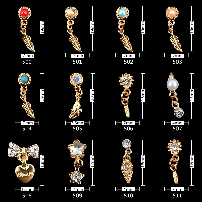 

10Pcs Alloy Nail Art Rhinestones 3d Nail Pearl Charm Jewelry Mix Feather/Leaf/Heart/Bow Designs DIY Manicure Nails Decorations