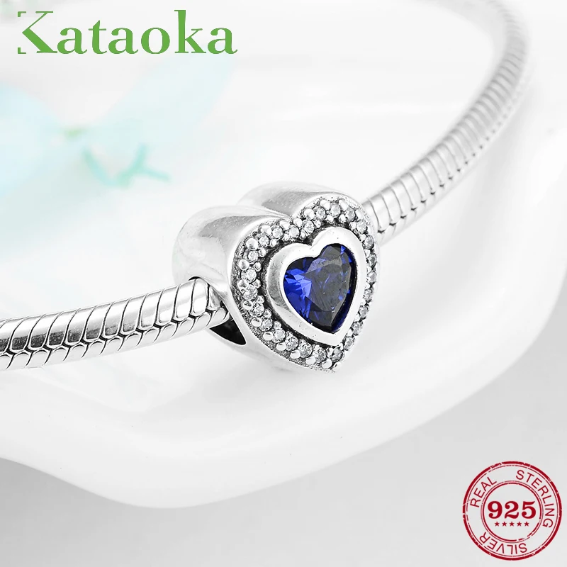 Mother's Day gift Fit Original Pandora Charm Bracelet Jewelry making 925 Sterling Silver charming Blue CZ Heart shape Beads
