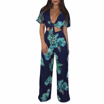 

2018 Summer Print Woman Set 2 Piece Sets Long Pants and CropTop Print Femme Flare Sleeve Sexy V Neck Slim Party Girl Suit
