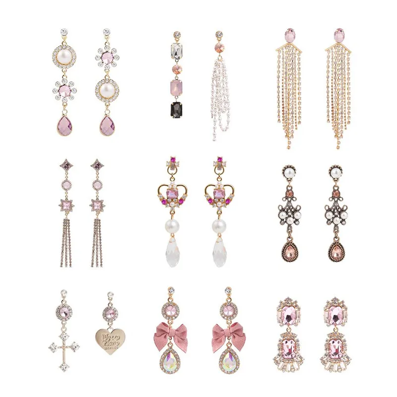 New Fashion Luxury Pink Shiny Rhinestone Long Bowknot Tassel Drop Earrings Korean Baroque Style Women Pendientes Jewelry