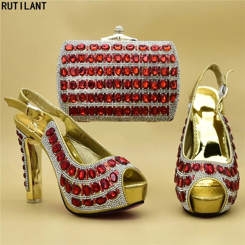 

Latest Design Italian Shoes and Bags to Match Shoes with Bag Set Decorated with Rhinestone Nigerian Women Party Shoe and Bag Set