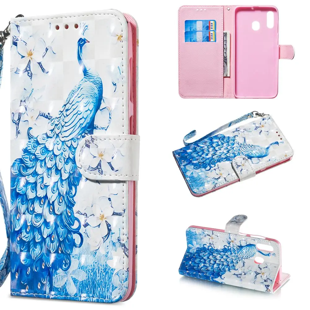 

Leather Case for Samsung Galaxy A20 Case Flip Cover 3D Luxury Peacock for Samsung A20 A 20 2019 A205 Phone Case TPU Soft Fundas