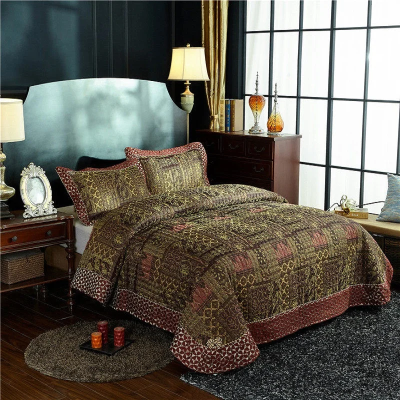 

Luxury Brown Gold Blue European Jacquard Cotton Blanket Tatami Mat Summer Quilt Bedspread Bed sheet Pillowcases Bedding Set 3pcs