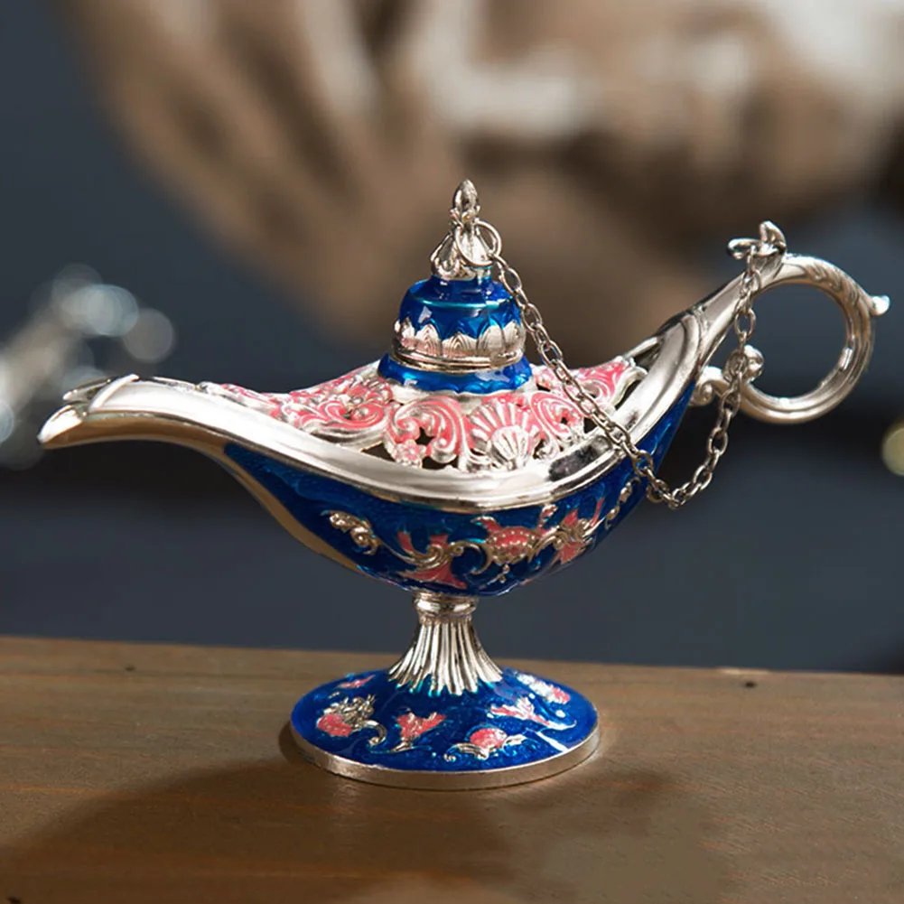 Ароматическая горелка домашний подарок искусство Аладдин лампа чайник ремесла Резные цинковый сплав украшения масло Ретро Декор традиционный Винтаж - Цвет: Silver And Blue