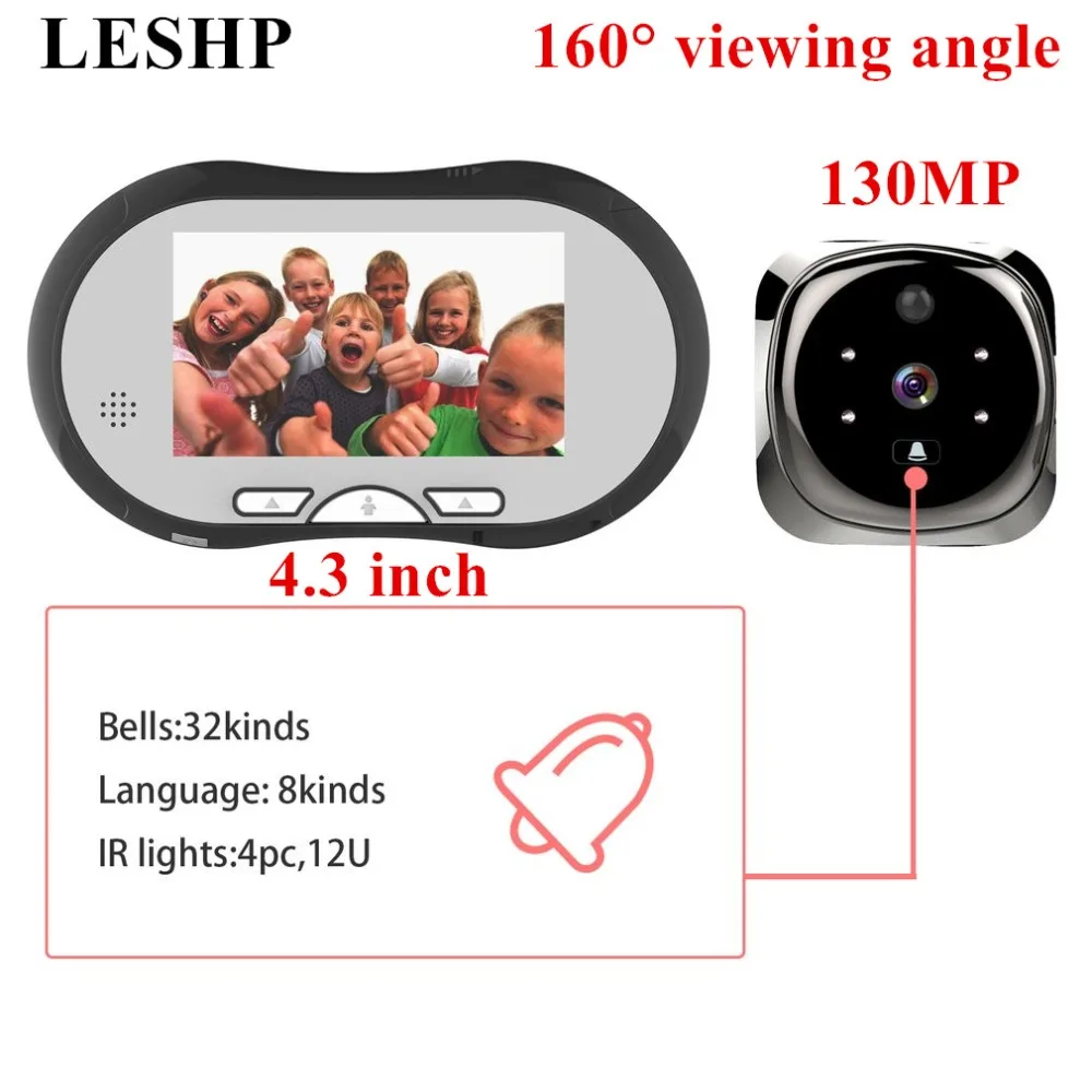 

4.3 Inch HD Video Door Peephole Camera Night Vision Motion Dection Multi-language Visual Intercom Doorbell for Home Security