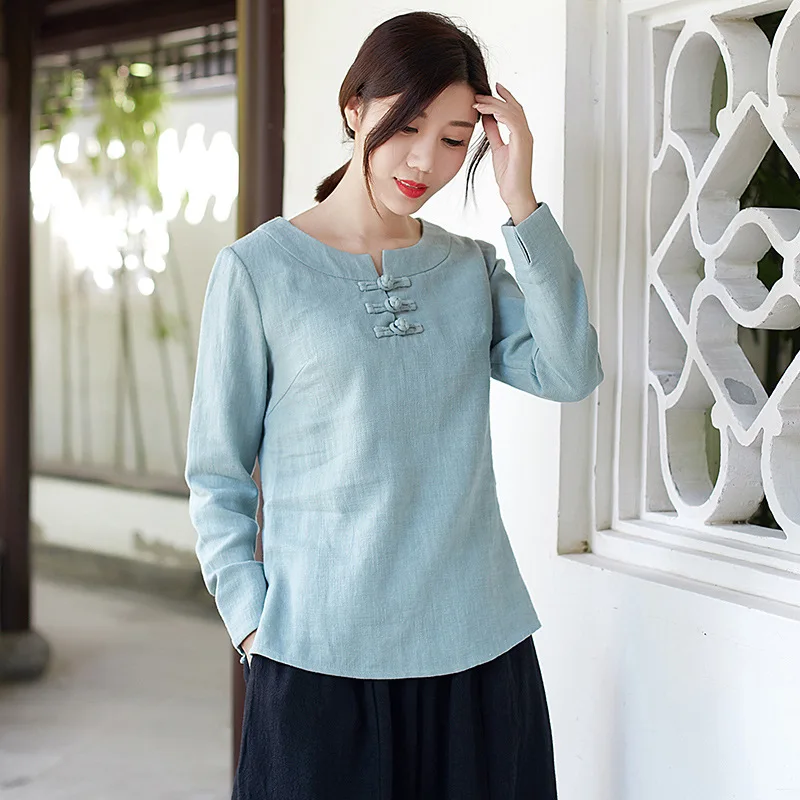 

New Spring Autumn Retro Cotton Linen Tang Suit Long Sleeve Shirt Autumn Women's Zen Tea Service Meditation Suit