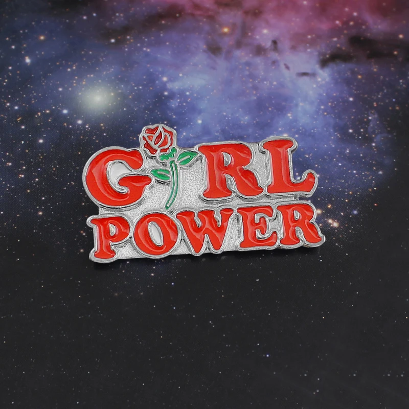 

Red Letters GIRL POWER Rose Brooch Feminist Girl Power Inspirational Enamel Pins Denim Backpack Badge Female Feminine Jewelry