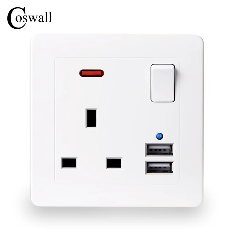 

Coswall Wall Power Socket 13A UK Standard Switched Outlet 2.1A Dual USB Fast Charger Port LED indicator