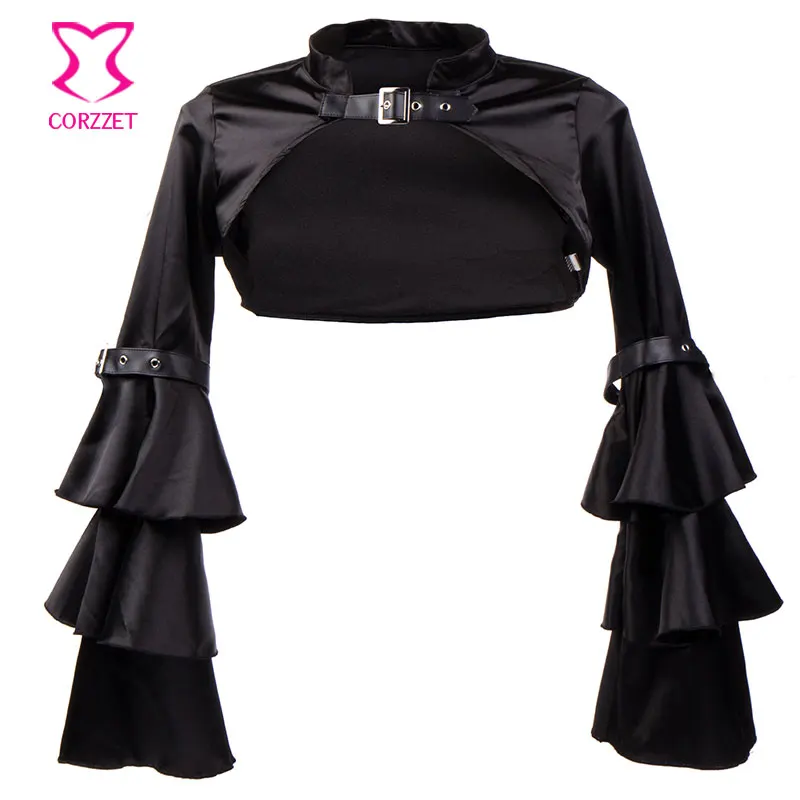 Victorian Ruffle Black Satin Long Flare Sleeve Gothic font b Jacket b font Bolero font b