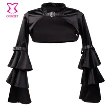 Victorian Ruffle Black Satin Long Flare Sleeve Gothic Jacket Bolero Women Short Coat Steampunk Corset Sexy Costume Outerwear